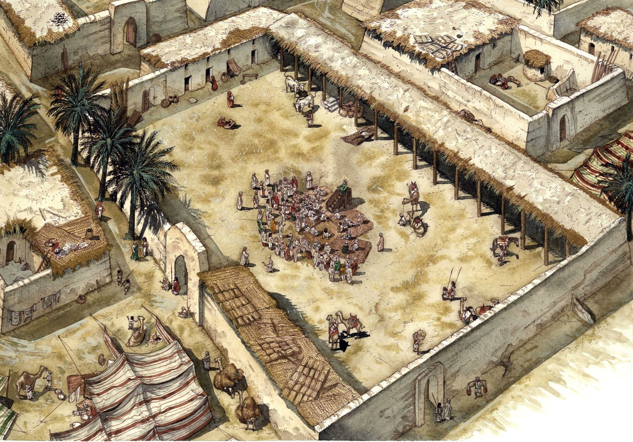 Das Haus des Propheten Muhammad nach seiner Ankunft in Medina 622, Saudi-Arabien. Der Prophet ist sichtbar, sein Gesicht bedeckt. Illustration von Giorgio Albertini. von Giorgio Albertini