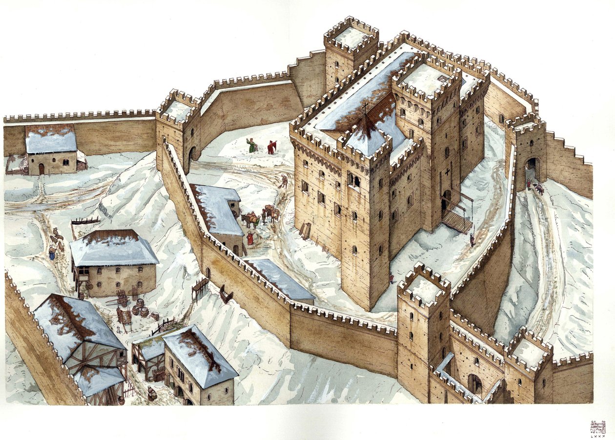 Mittelalterliche Architektur: Rekonstruktion der Burg der Stadt Udine im 14. Jahrhundert. Italien. Illustration von Giorgio Albertini von Giorgio Albertini