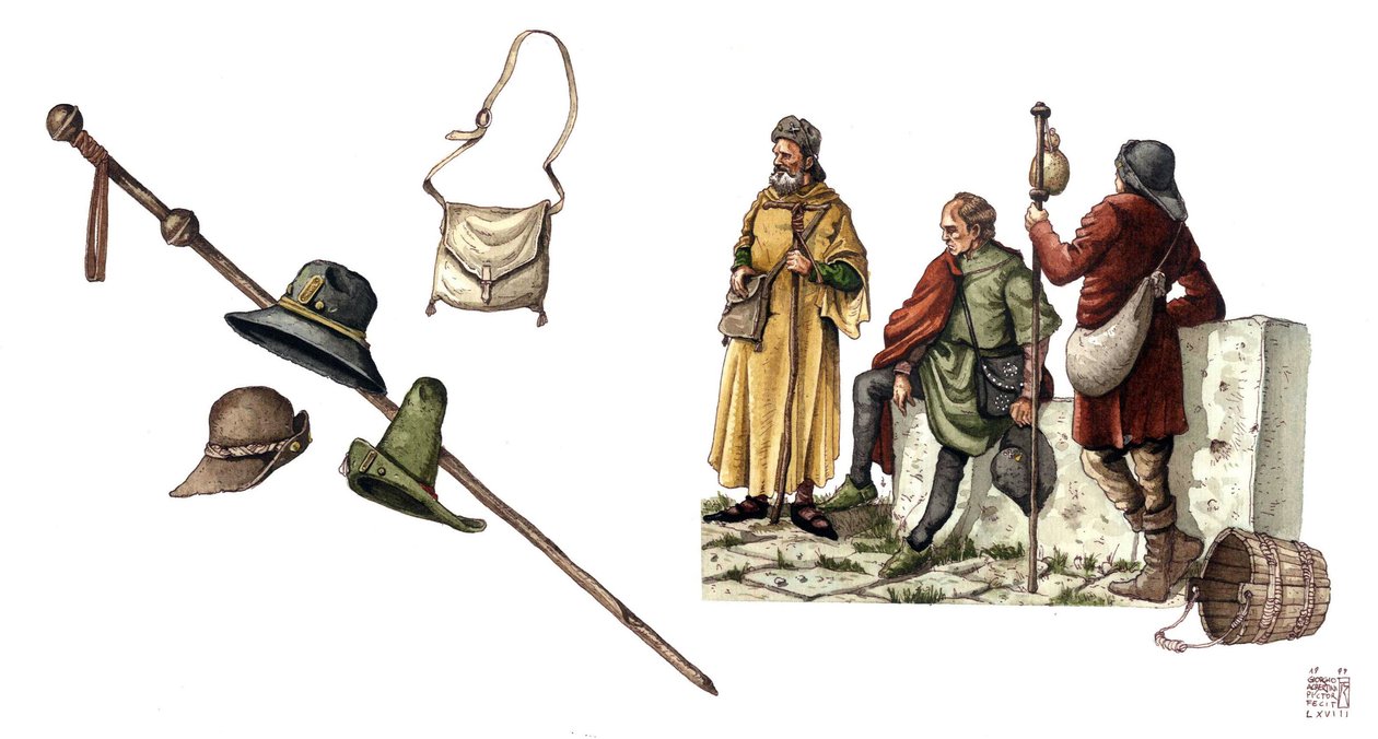 Mittelalterliche Mode: Pelerinenkostüm zwischen dem 12. und 14. Jahrhundert, Tasche, Hüte, Stock, Tuniken von Giorgio Albertini