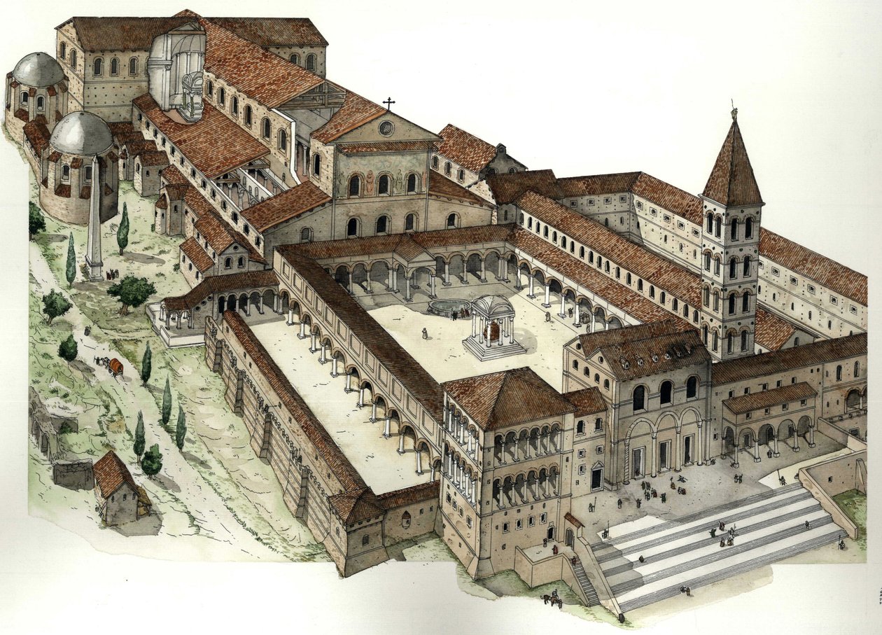 Mittelalter: Alte Basilika St. Peter in Rom (Basilika von San Pietro oder Basilika von Konstantin) um 1300, Rom Italien von Giorgio Albertini