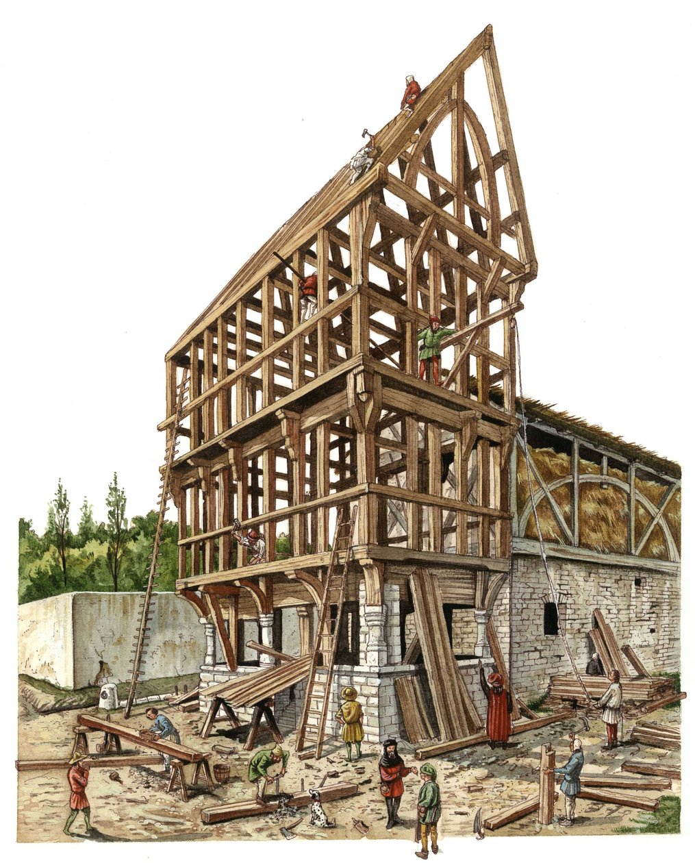 Mittelalter: Eine Baustelle in einer Region Nordfrankreichs im 14. Jahrhundert, Zimmerleute bearbeiten die Holzkonstruktion einer Scheune. Illustration von Giorgio Albertini. von Giorgio Albertini