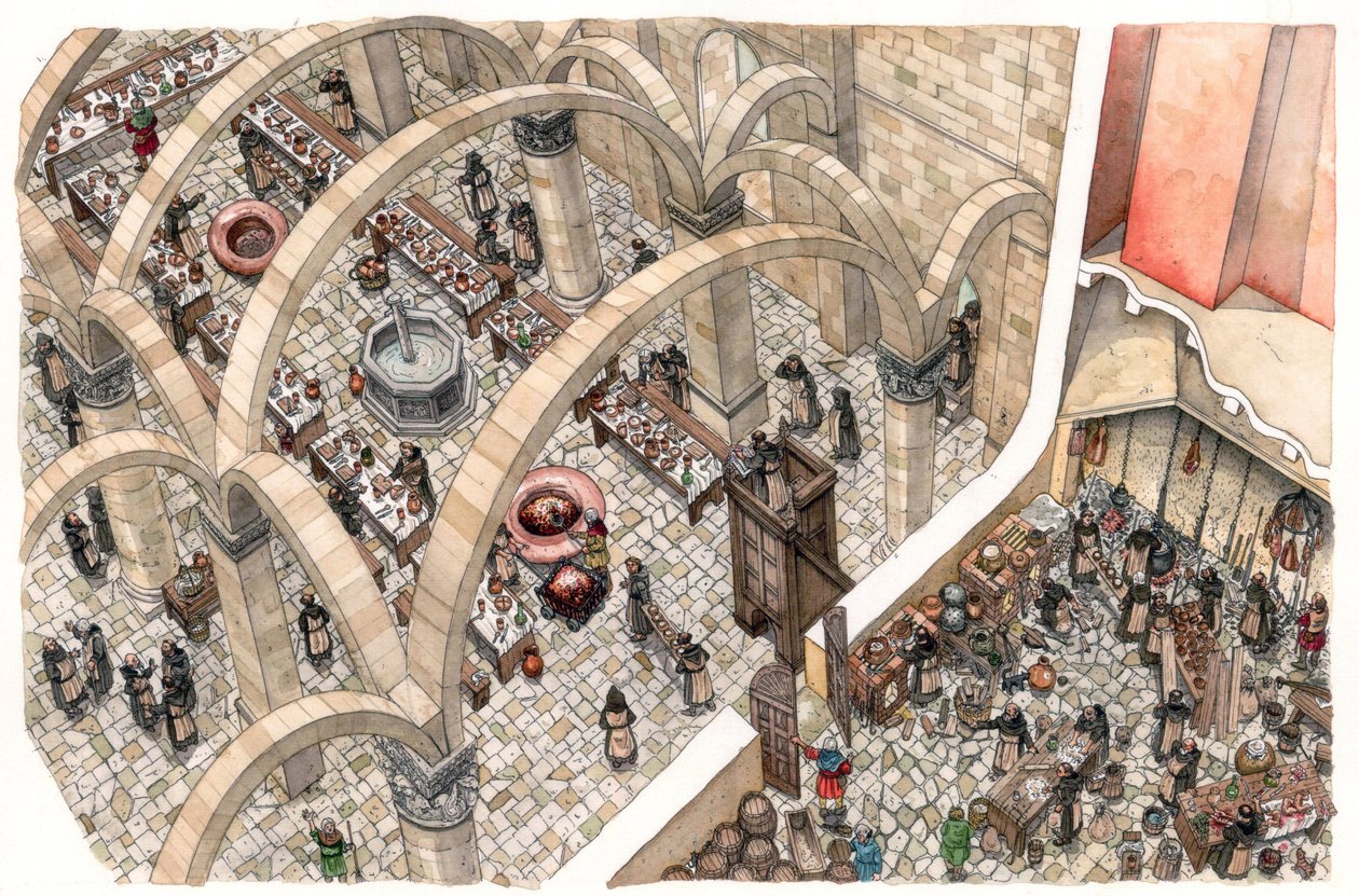 Mittelalter: ein Refektorium und eine Küche in einem Kloster. Religiöse Arbeit zur Vorbereitung von Gemeinschaftsmahlzeiten. 12. oder 13. Jahrhundert von Giorgio Albertini