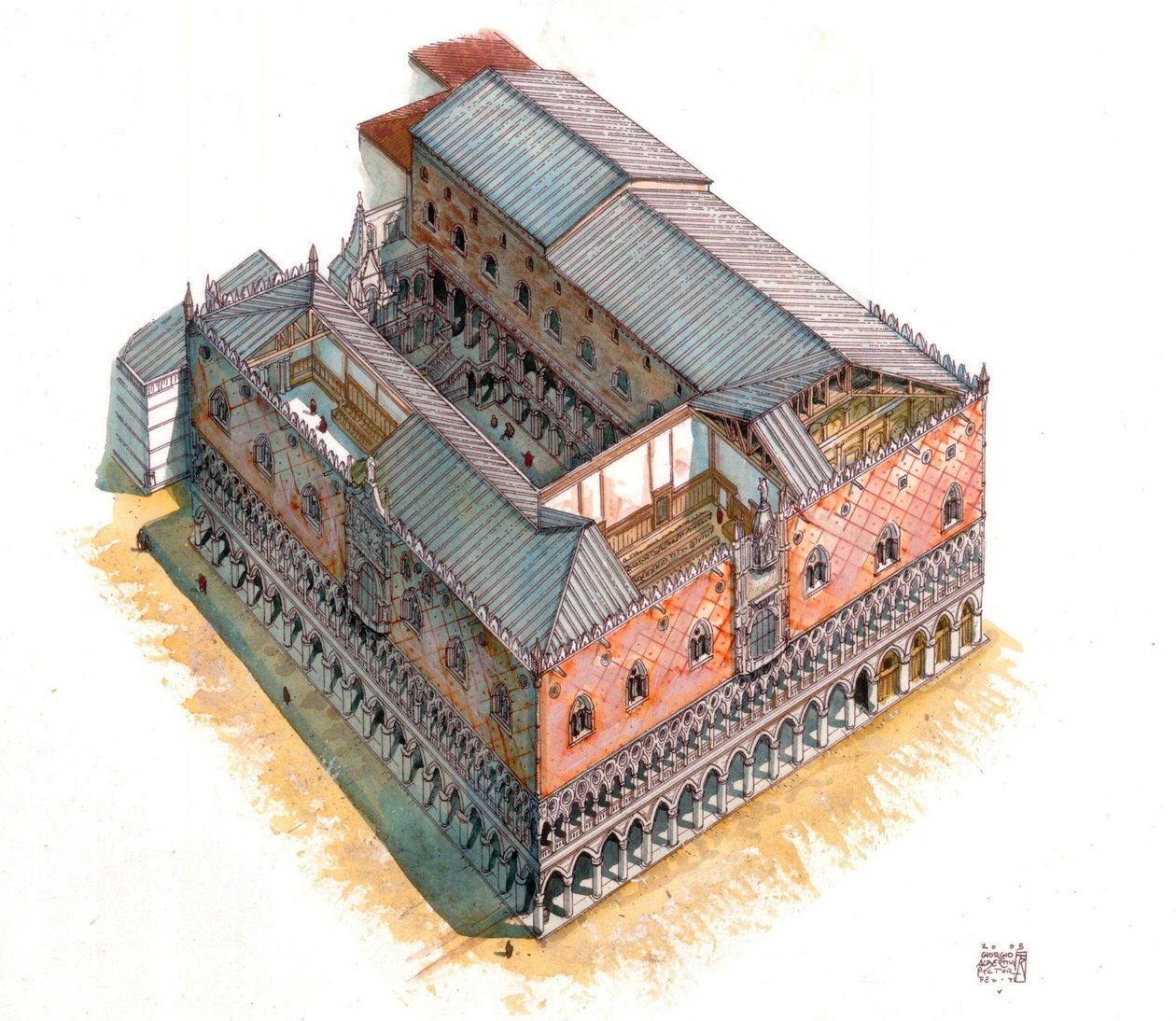 Mittelalter: Luftansicht und architektonischer Schnitt des Dogenpalastes auf dem Markusplatz in Venedig im 15. Jahrhundert. Italien von Giorgio Albertini