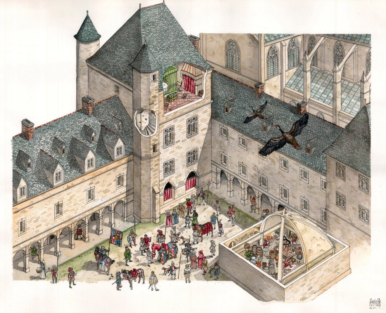 Mittelalter: Luftaufnahme des Palais des Herzöge von Burgund in Dijon im 15. Jahrhundert. Die Küchen des Palastes sind sichtbar, im Hof die Ritter mit ihren Pferden. von Giorgio Albertini