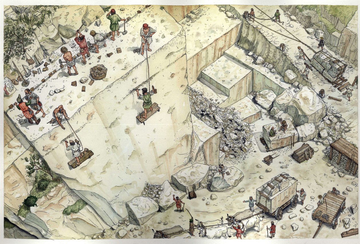Luftansicht der Arbeiter in den Marmorbrüchen von Carrara im 15. Jahrhundert. Italien Illustration von Giorgio Albertini. von Giorgio Albertini