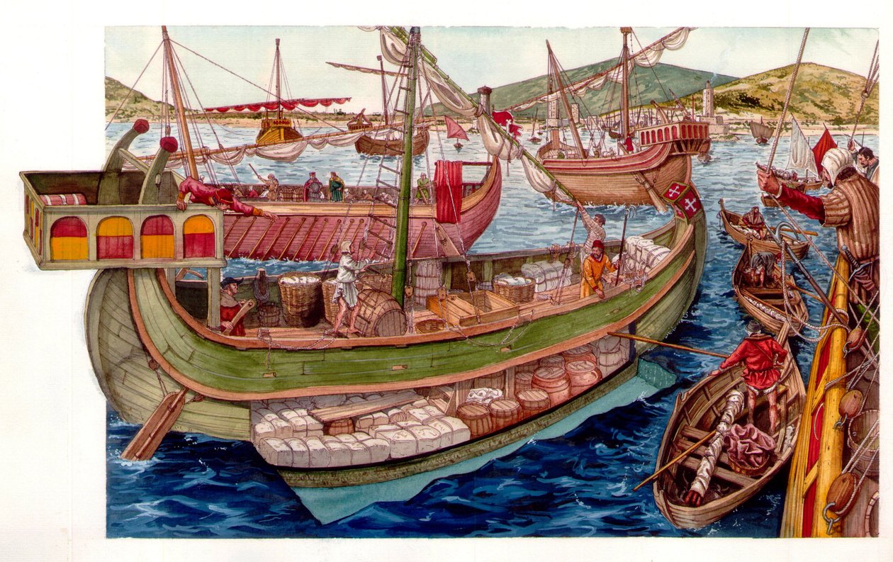 Mittelalter: Handelsaktivitäten, Beladung von Schiffen im Hafen der Stadt Pisa. Italien 13. Jahrhundert von Giorgio Albertini