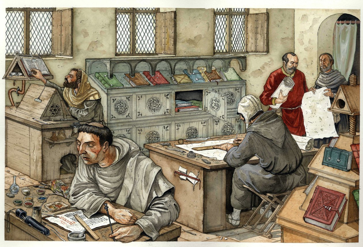 Mittelalter: Mönche kopieren Manuskripte in einem Skriptorium im 13. Jahrhundert. Illustration von Giorgio Albertini. von Giorgio Albertini