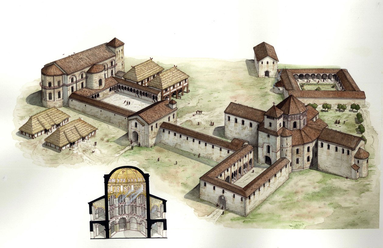 Mittelalter: Überblick und Querschnitt zur Rekonstruktion des Palastes von Karl dem Großen (ca. 742-814), realisiert von dem Architekten Eudes de Metz um 794 in Aachen. Illustration von Giorgio Albertini. von Giorgio Albertini