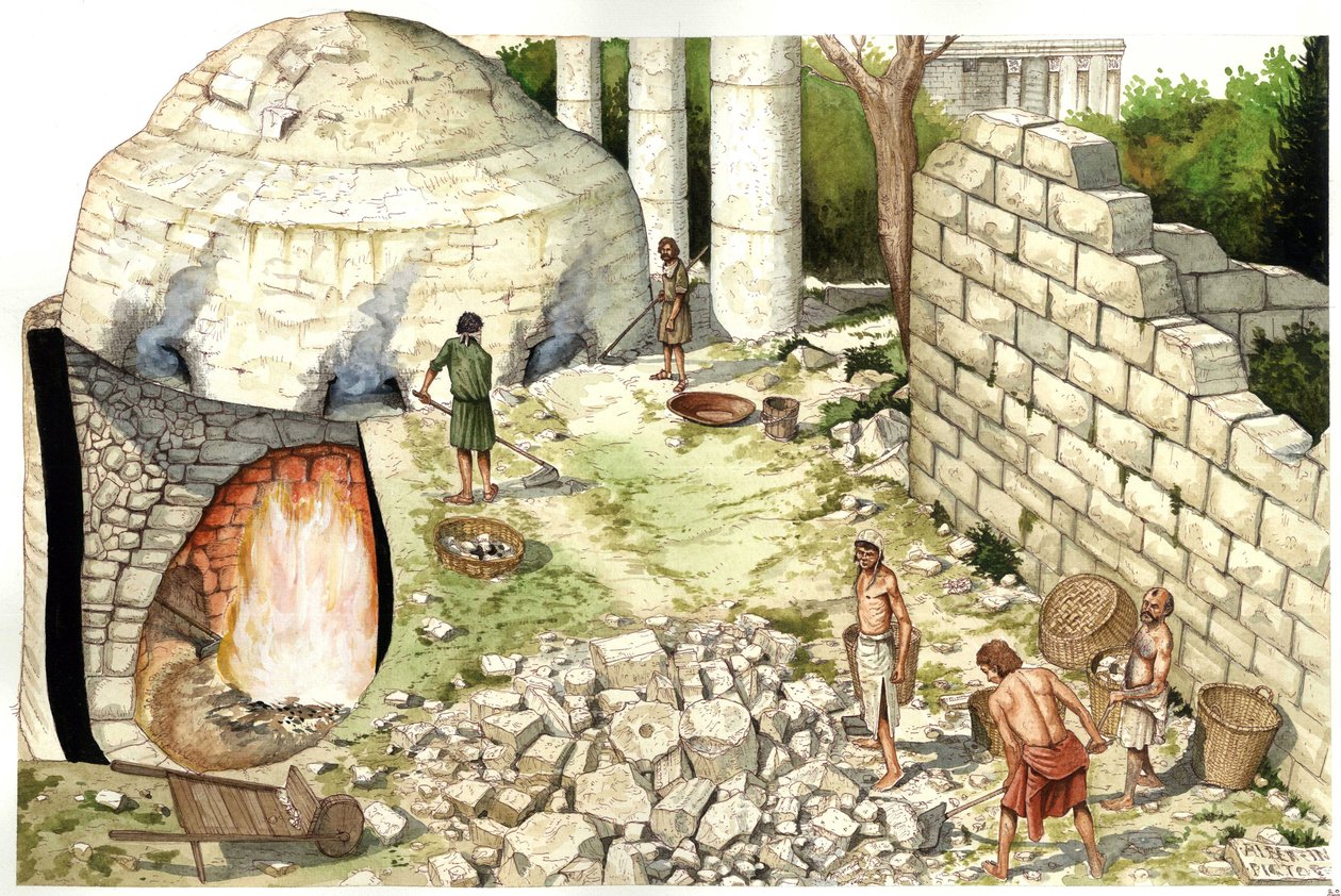 Mittelalter: Rekonstruktion eines Kalkofens, Arbeiter bearbeiten Kalkstein. Illustration von Giorgio Albertini. von Giorgio Albertini