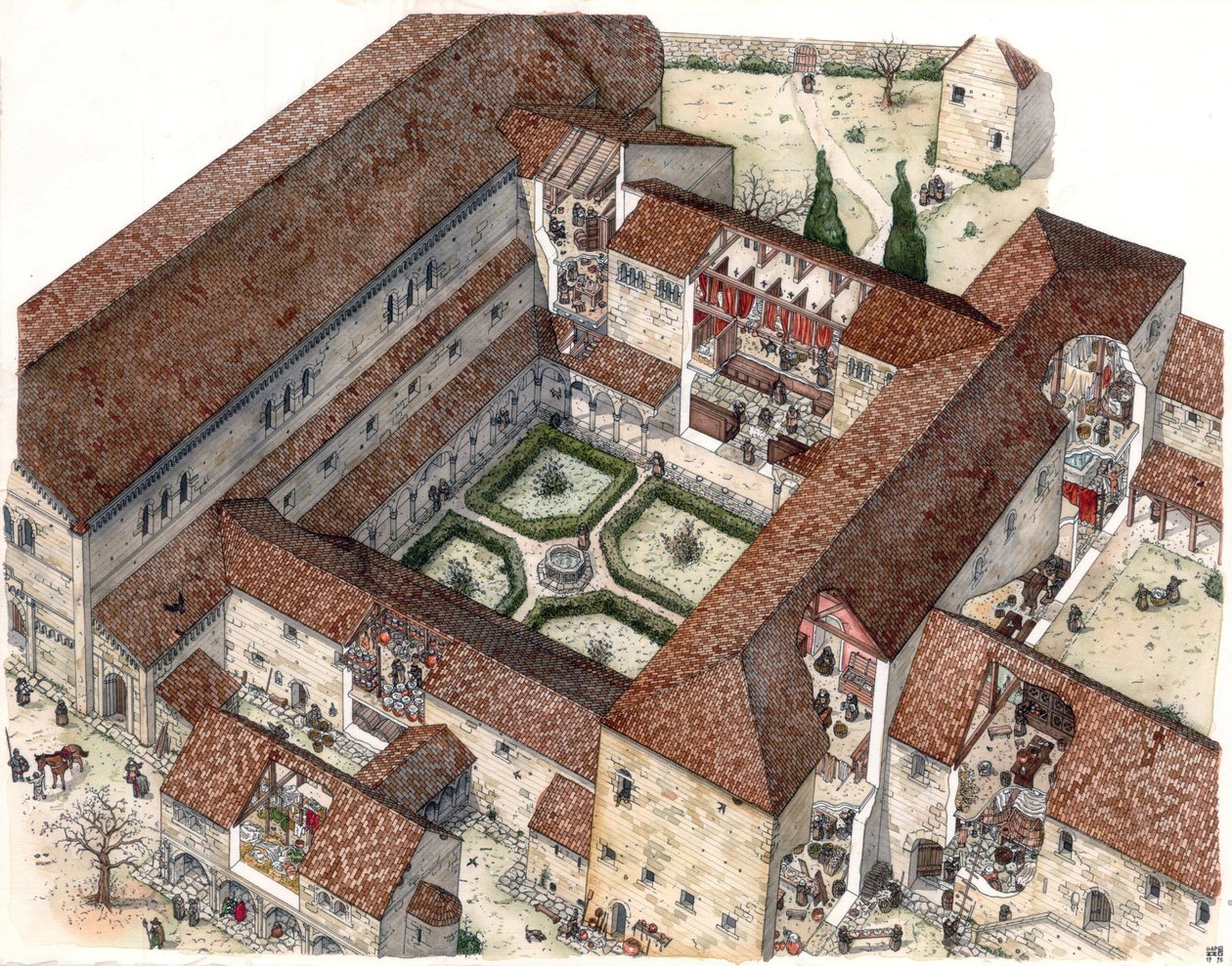 Rekonstruktion eines Klosters und das Leben der Nonnen oder Mönche. Illustration von Giorgio Albertini. von Giorgio Albertini