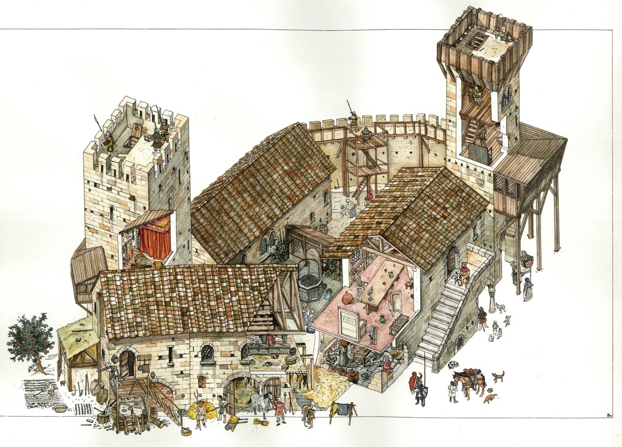 Mittelalter: Rekonstruktion einer Burg in den zentralen Regionen Italiens im 13. Jahrhundert. Die Schnitte zeigen die Aktivitäten in der Burg, die Soldaten zur Verteidigung in den Türmen. Illustration von Giorgio Albertini. von Giorgio Albertini