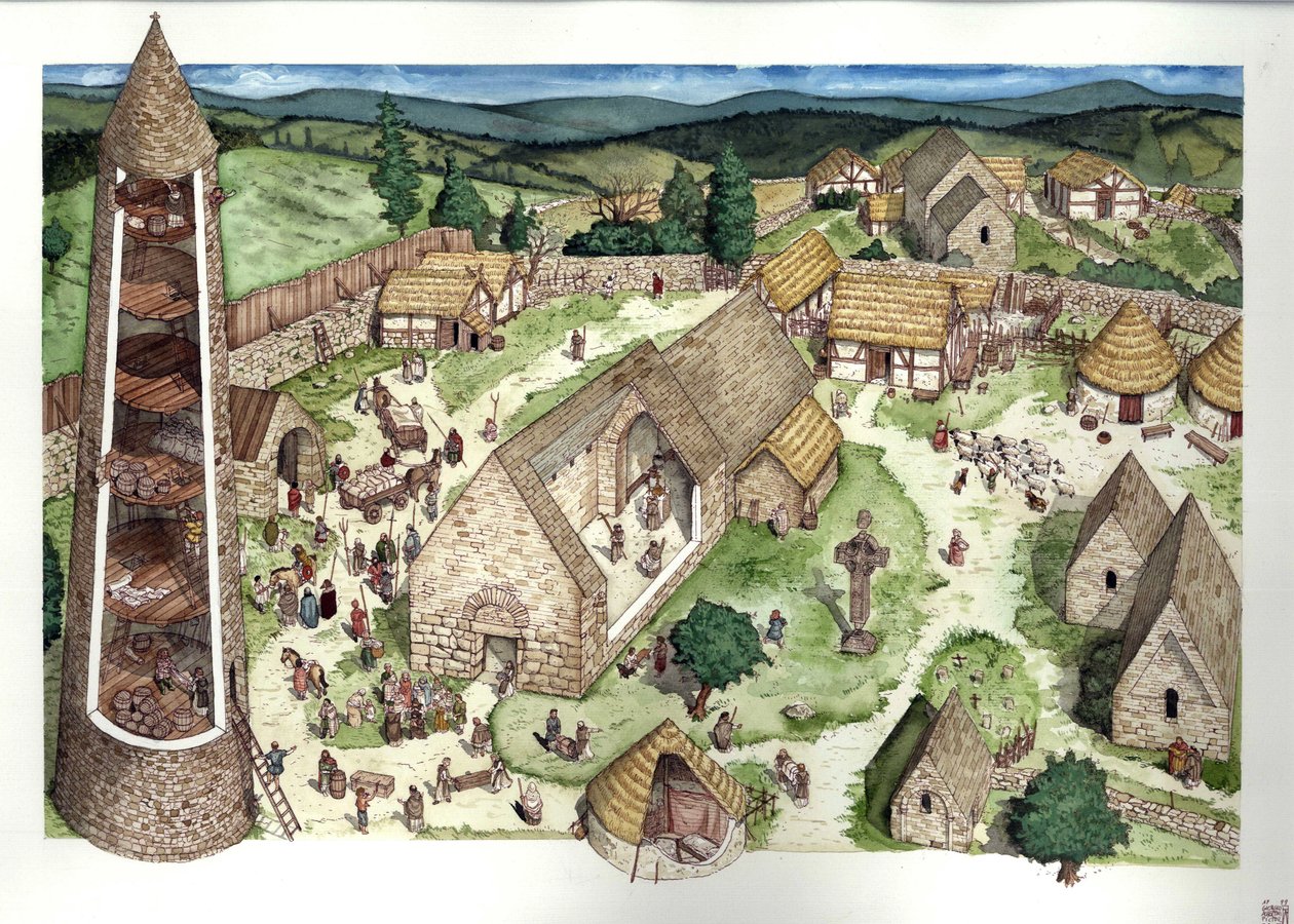 Mittelalter: Rekonstruktion des alten Klosters von Glendalough von Giorgio Albertini