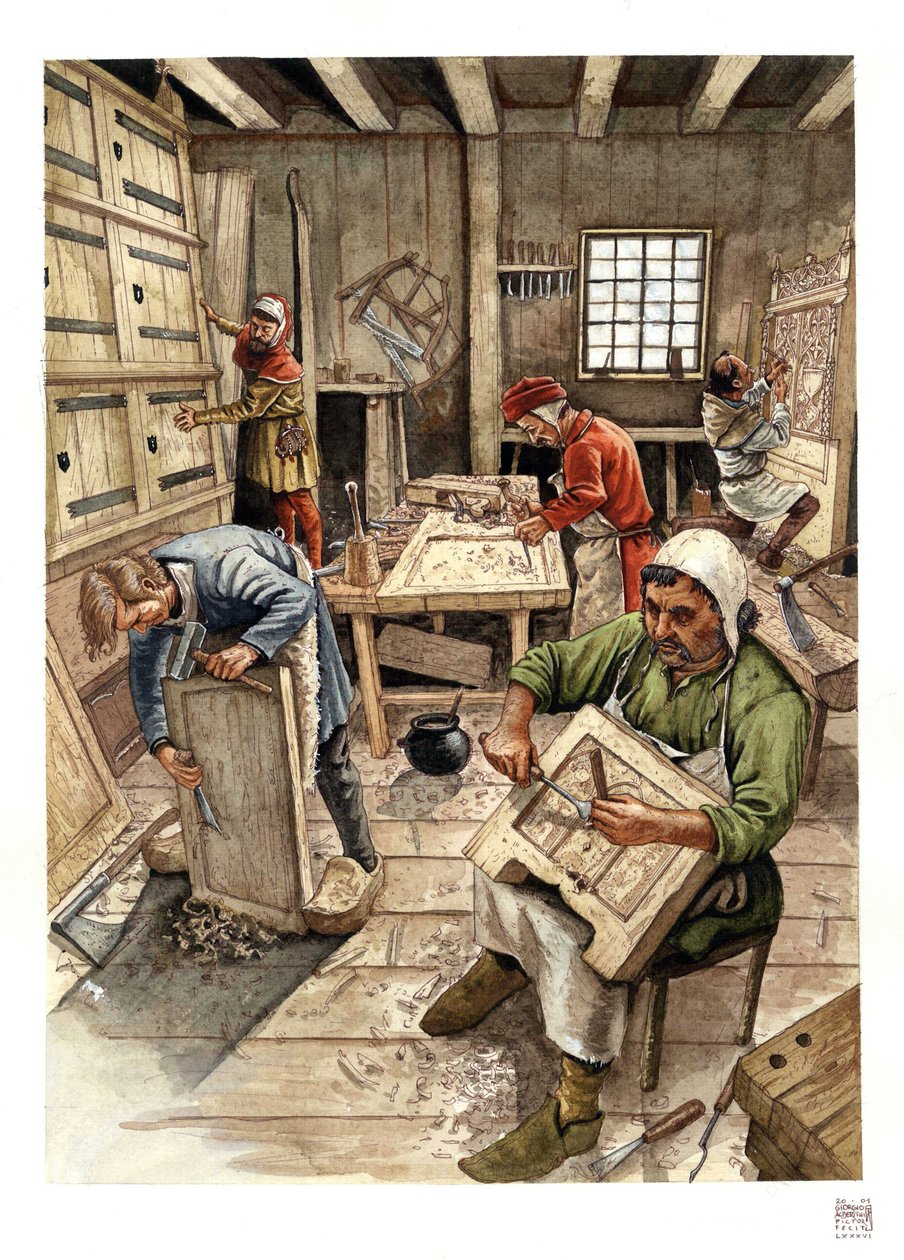 Mittelalter: Darstellung einer Werkstatt von Ebenisten im 15. Jahrhundert, Arbeiter bearbeiten Holz. von Giorgio Albertini