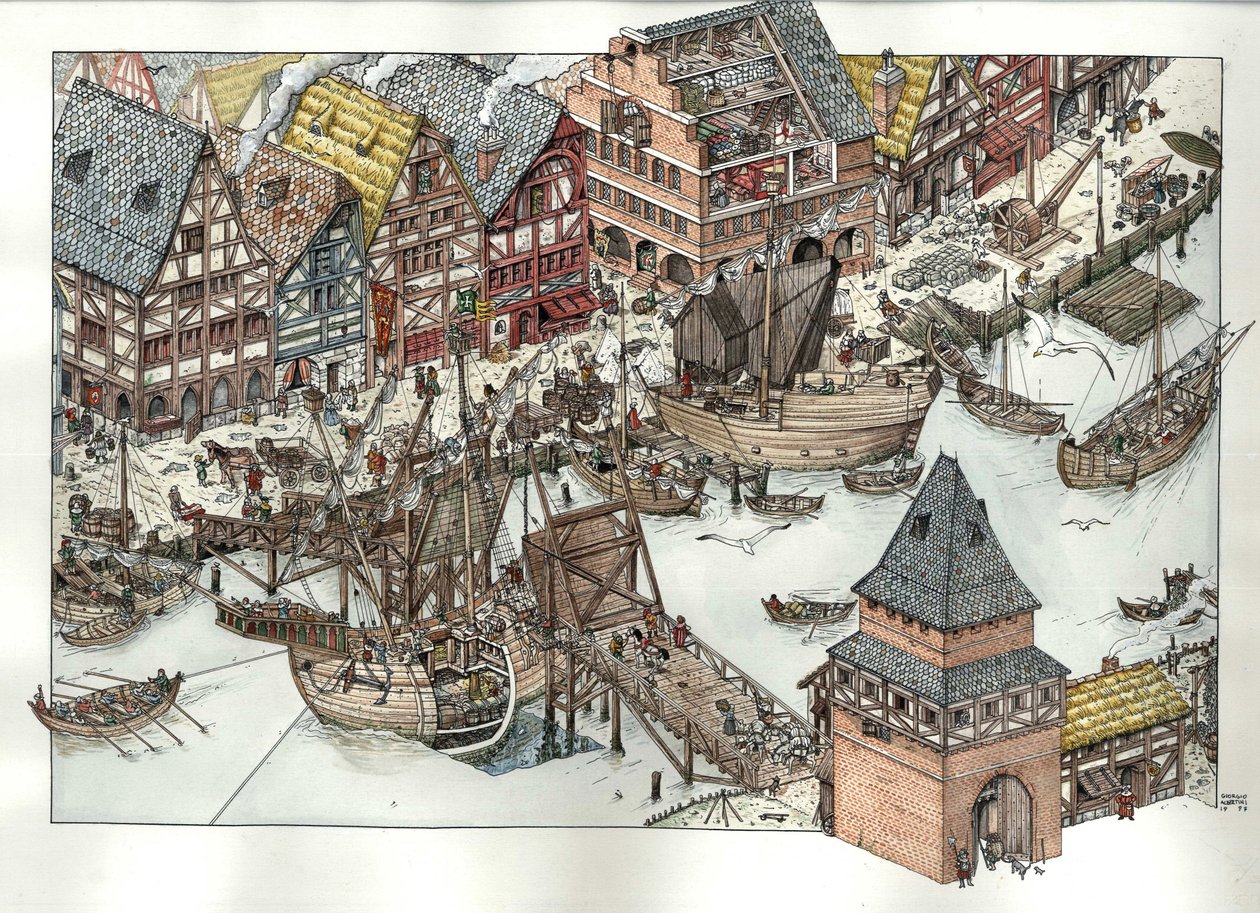Ansicht der Handelsaktivitäten um den Hafen in Lübeck, 14. Jahrhundert, Deutschland von Giorgio Albertini