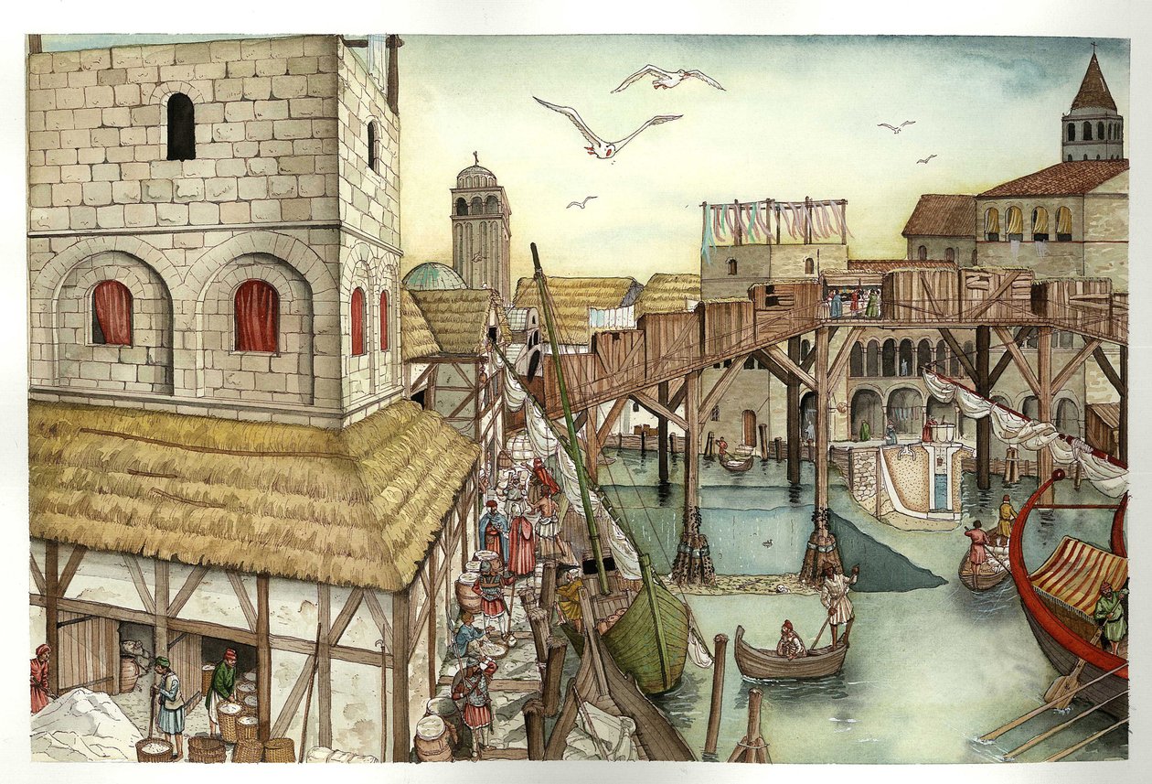 Mittelalter: Blick auf die Rialtobrücke im 11. Jahrhundert und Aktivitäten in Venedig, Italien von Giorgio Albertini
