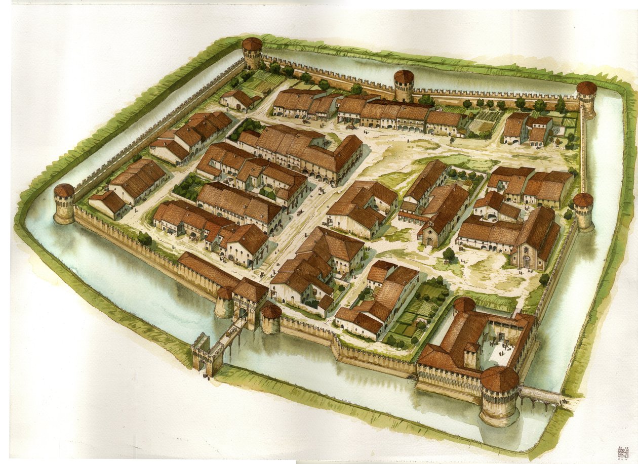 Mittelalter: Ansicht der befestigten Stadt Bagnara di Romagna am Ende des 15. Jahrhunderts. Italien von Giorgio Albertini