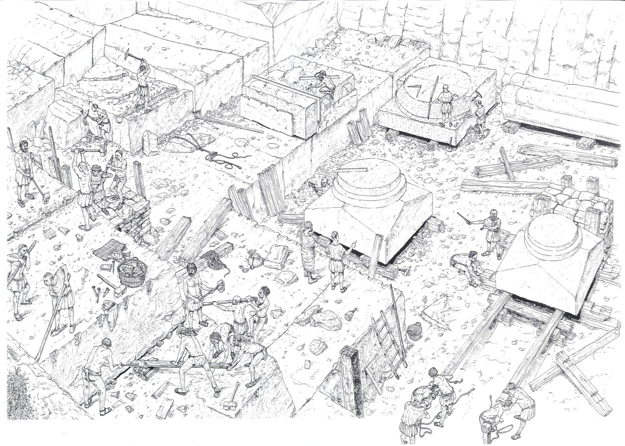Mittelalter: Darstellung von Arbeitern in den Marmorbrüchen von Carrara im 15. Jahrhundert. Italienische Illustration von Giorgio Albertini. von Giorgio Albertini