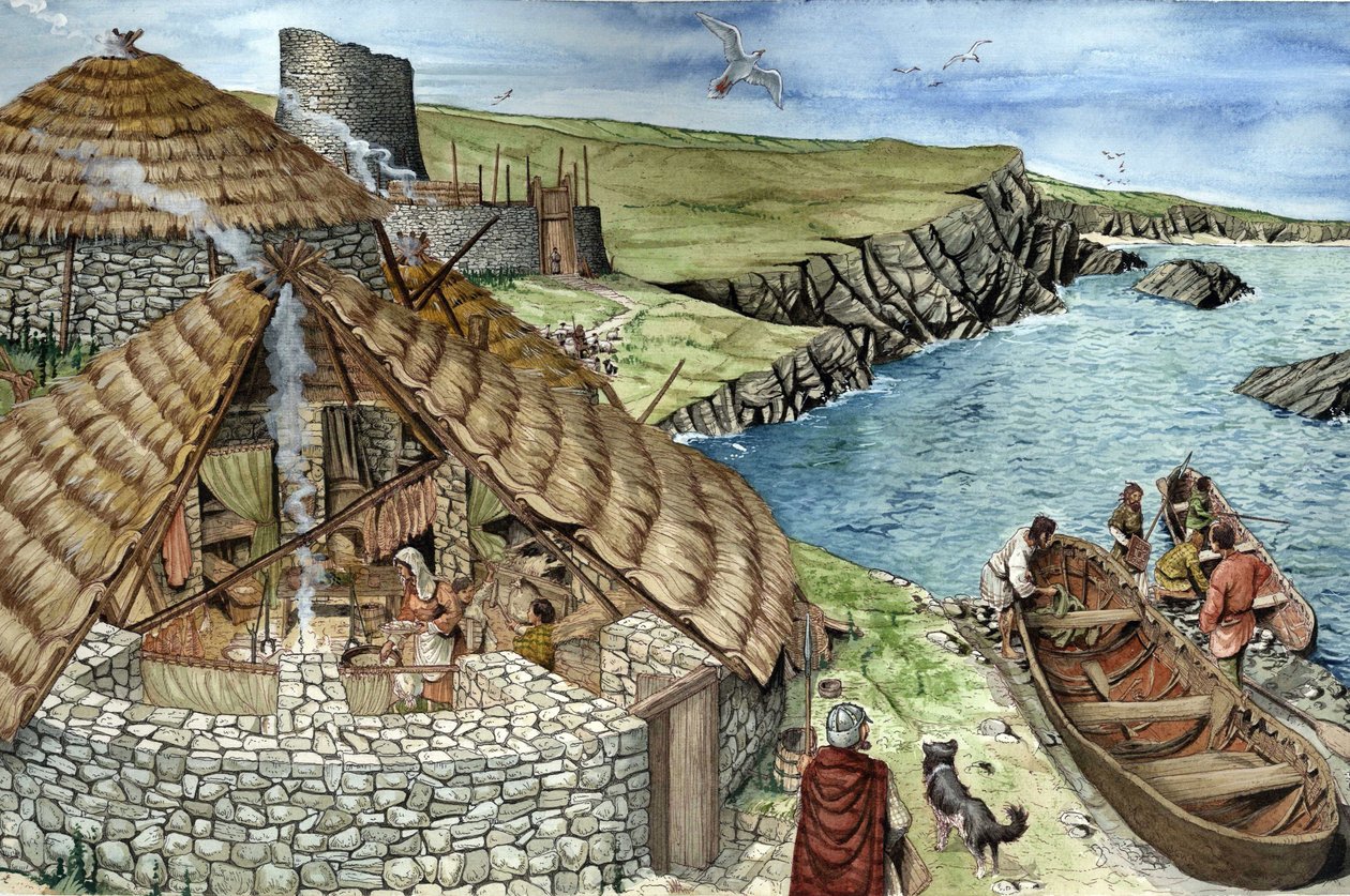 Vorgeschichte: Rekonstruktion des täglichen Lebens in der Eisenzeit, eine Familie in einem Broch, befestigte Wohnstätte in Schottland, wahrscheinliche Vorfahren von Festungen, dargestellt in einem Querschnitt, Frauen kochen, Männer fahren mit dem Boot z von Giorgio Albertini