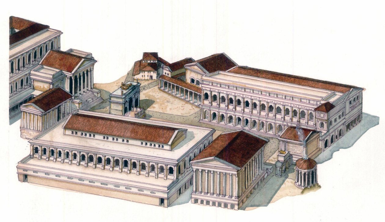 Römische Antike: Rekonstruktion des römischen Forums (foro romano) zur Zeit des Kaisers Augustus (Caius Julius Caesar Octavianus Augustus) (63 v. Chr.-14 n. Chr.) von Giorgio Albertini
