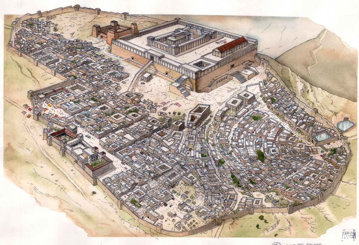 Römische Antike: Rekonstruktion der Stadt Jerusalem, der Tempel dominiert die Stadt, neben der Festung Antonia, die die römische Garnison beherbergte. Israel. von Giorgio Albertini