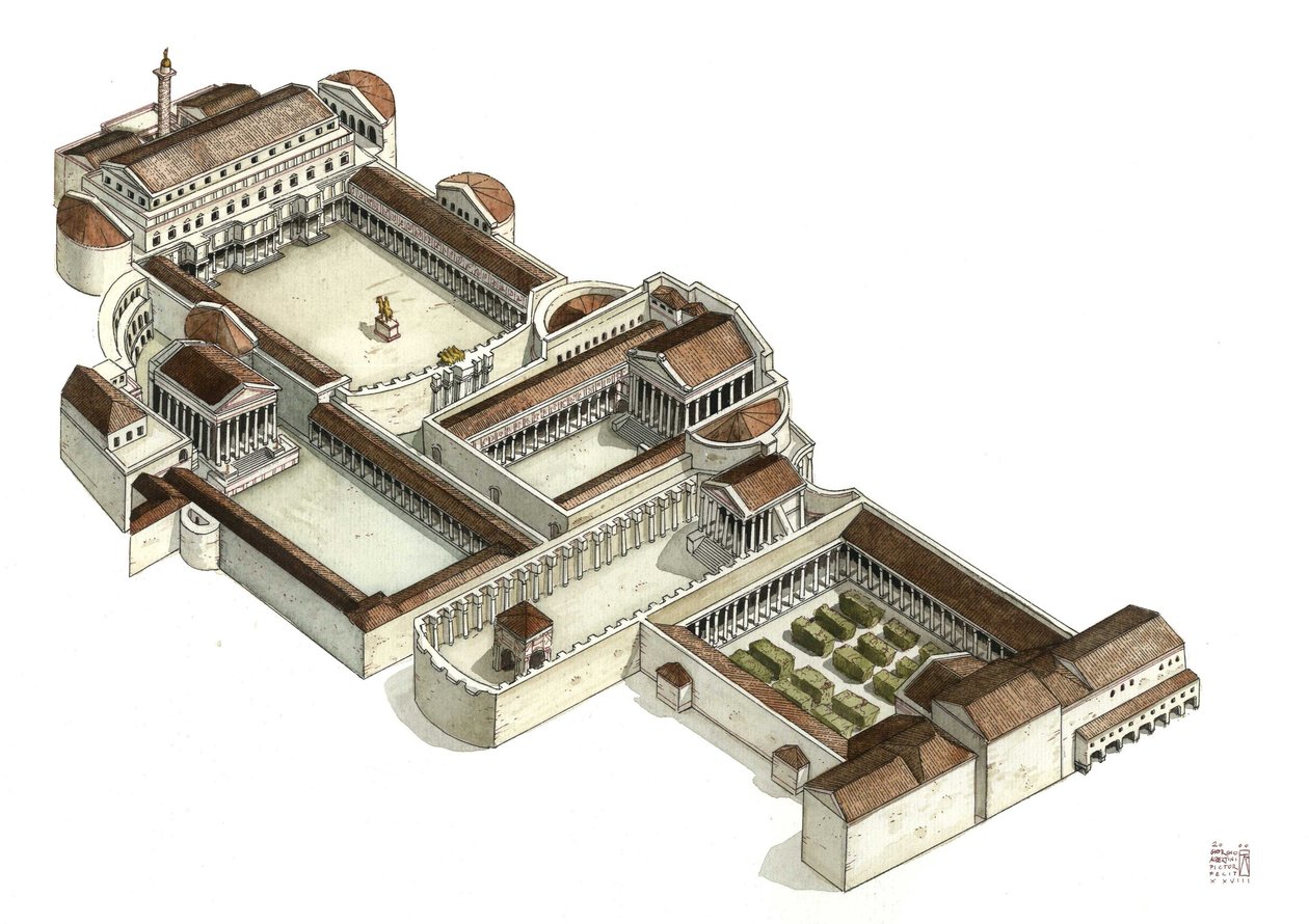 Römische Antike: Rekonstruktion des Forums von Trajan (Foro di Traiano) im 3. Jahrhundert n. Chr., Rom. Italien von Giorgio Albertini
