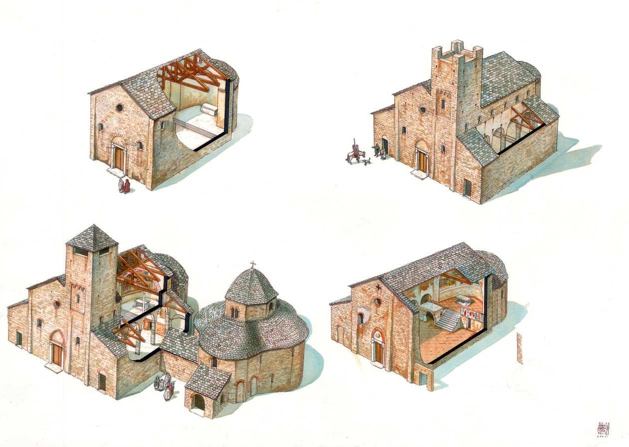 Romanische Kunst: Beschreibung der Bauphasen mit Schnitten, die den Fortschritt der Baustelle und das Innere der Abtei von St. Vincent de Galliano zeigen, einschließlich der Basilika San Vincenzo und des Baptisteriums von Giorgio Albertini