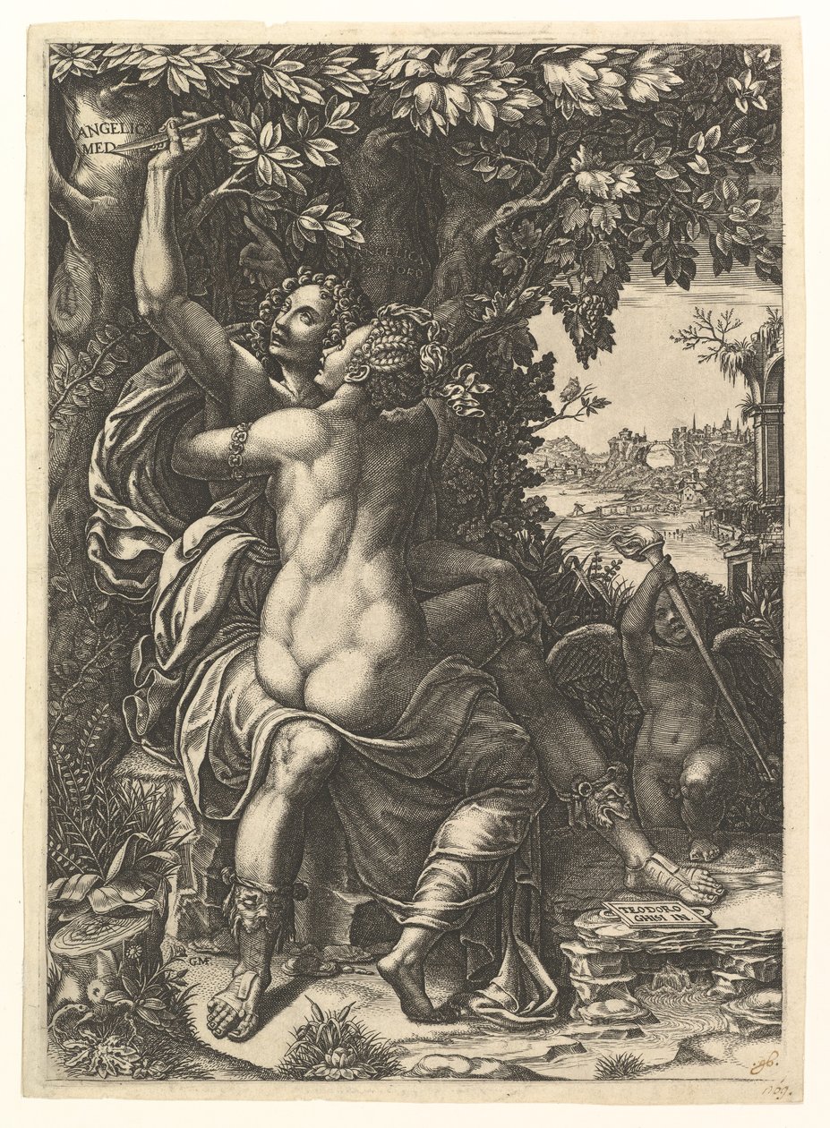 Angelica und Medoro, das Paar umarmt sich, Medoro schnitzt ihre Namen in die Rinde eines Baumes, ca. 1570 von Giorgio Ghisi