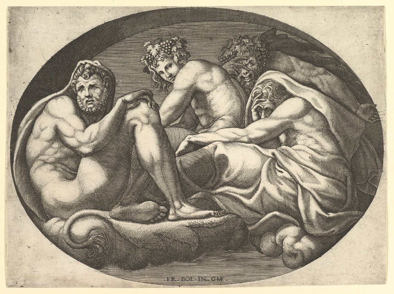 Herkules, Bacchus, Pan und Saturn, aus einer Serie von acht Kompositionen nach Francesco P. von Giorgio Ghisi
