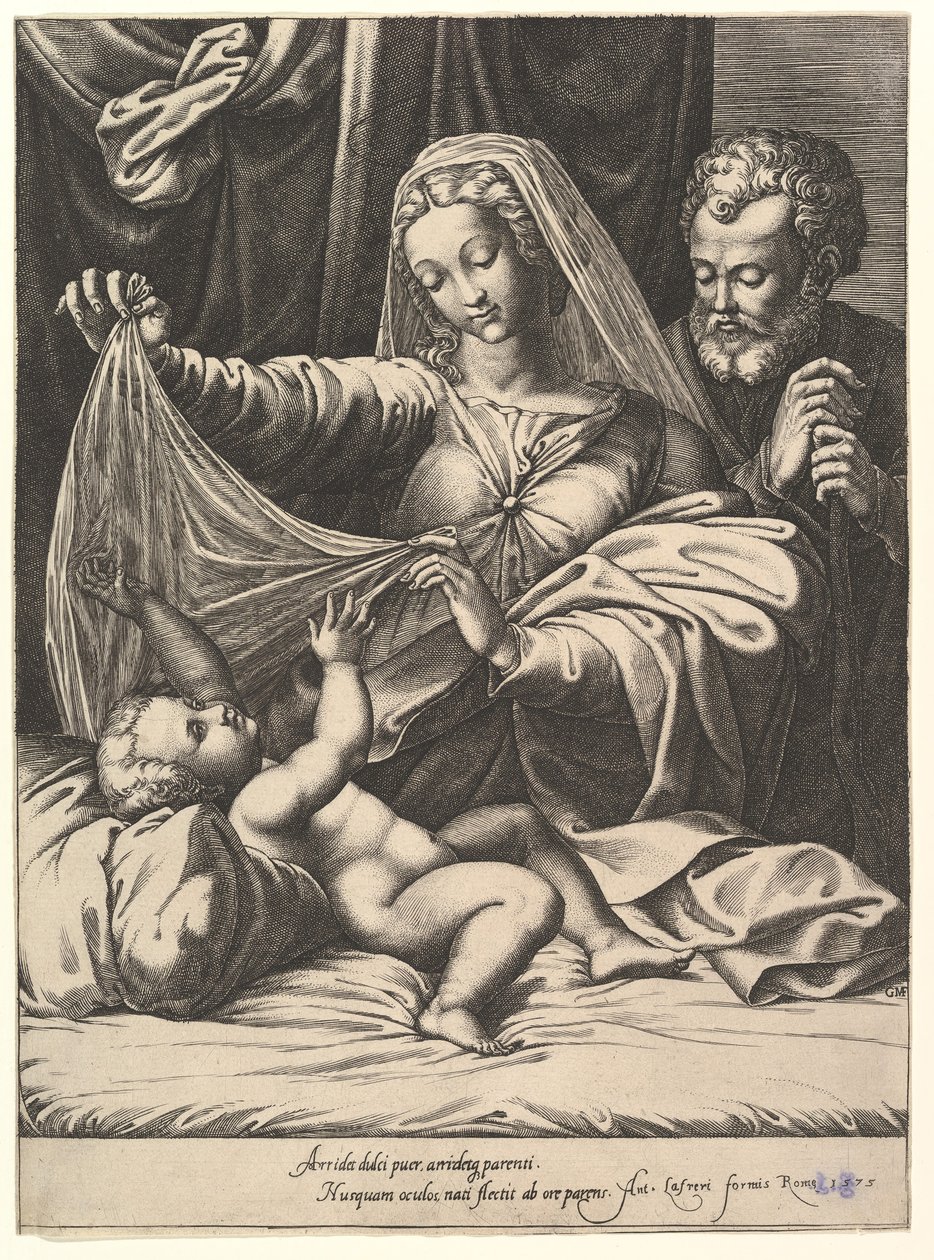 Madonna von Loreto, die Jungfrau hebt einen Schleier über das Kind, das auf einem Bett und Kissen liegt, 1575 von Giorgio Ghisi
