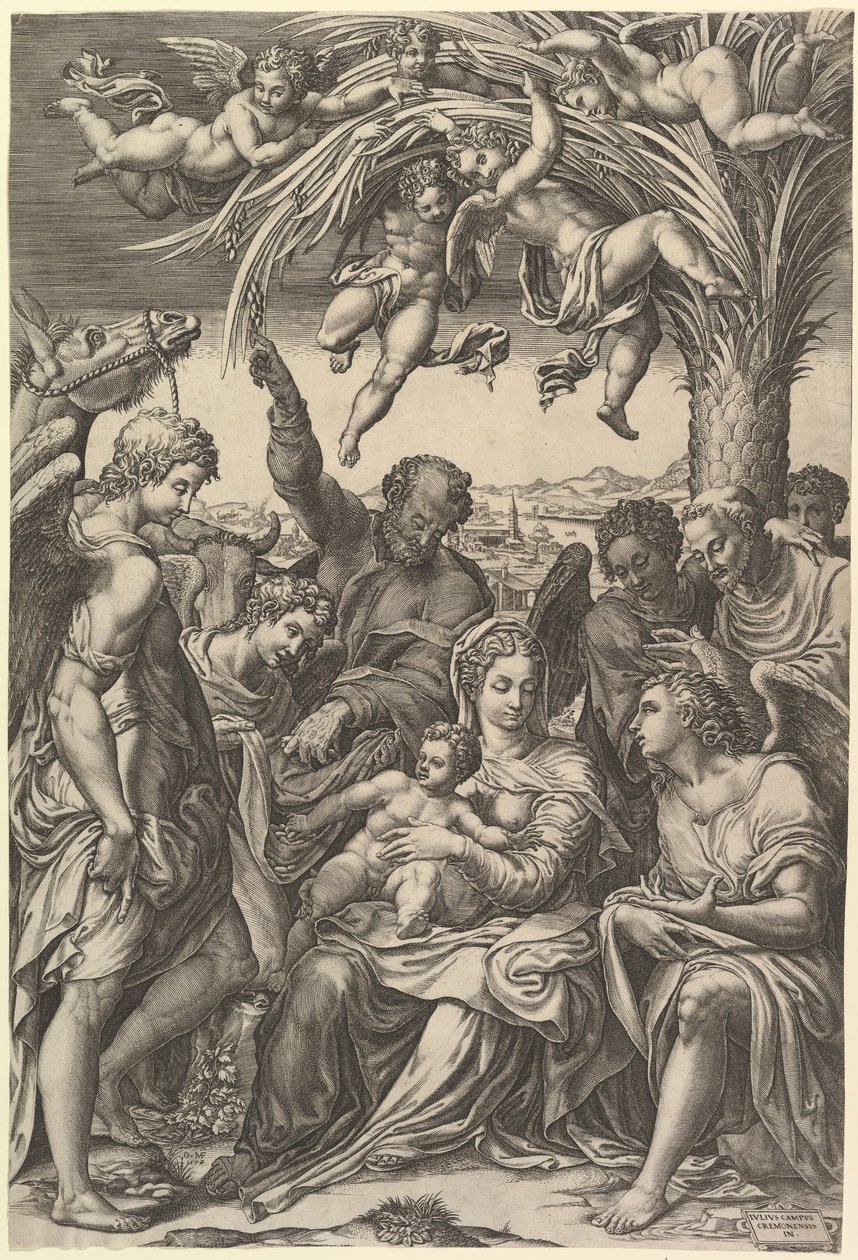 Ruhe auf der Flucht nach Ägypten, die Heilige Familie unter einer Palme, umgeben von Engeln, put..., 1578 von Giorgio Ghisi
