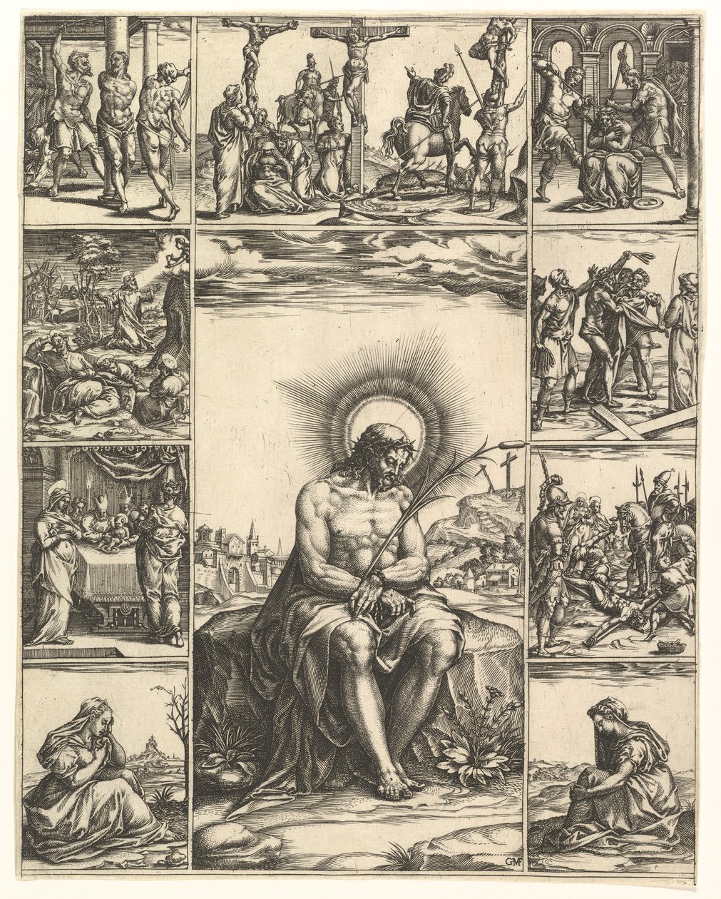 Der Schmerzensmann, ein Bild von Christus umgeben von neun Vignetten, die Szenen darstellen, um 1575 von Giorgio Ghisi