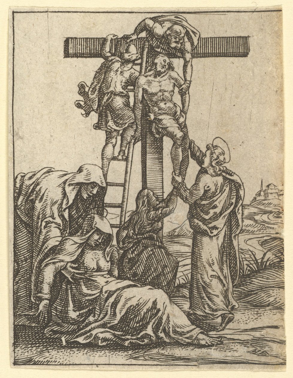 Die Jungfrau der Schmerzen: Die Kreuzabnahme, eines von neun umliegenden Feldern, vor 1575 von Giorgio Ghisi