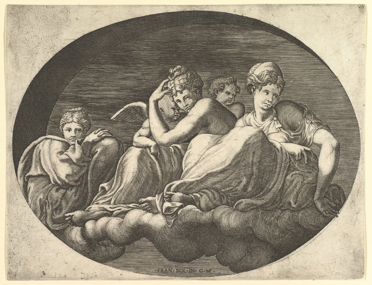 Venus und Amor, zwei andere Göttinnen und ein Putto, aus einer Serie von acht Kompositionen von Giorgio Ghisi