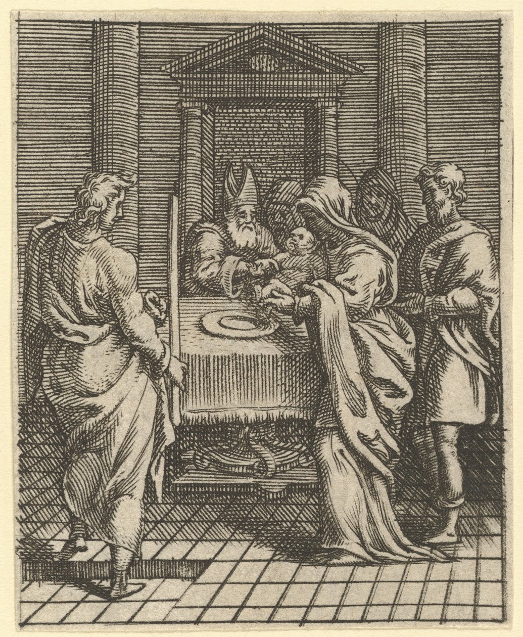 Jungfrau der Schmerzen: Die Darstellung im Tempel, eines von neun umliegenden Fächern, vor 1575 von Giorgio Ghisi