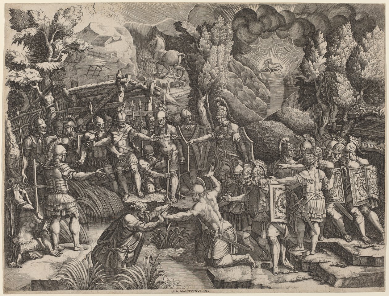 Sinon täuscht die Trojaner von Giorgio Ghisi after Giovanni Battista Scultori