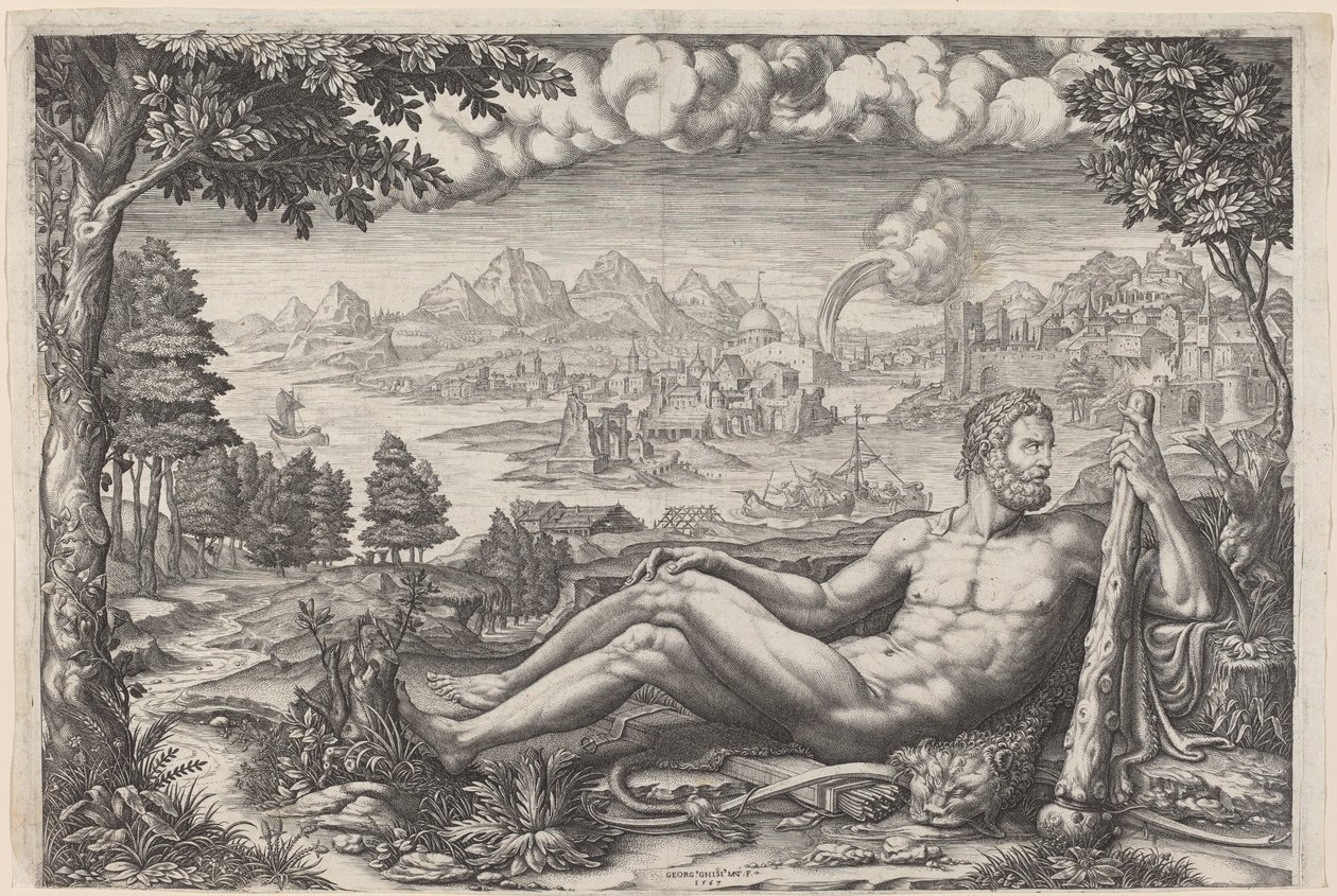 Herkules ruht sich von seinen Arbeiten aus von Giorgio Ghisi after Giulio Romano
