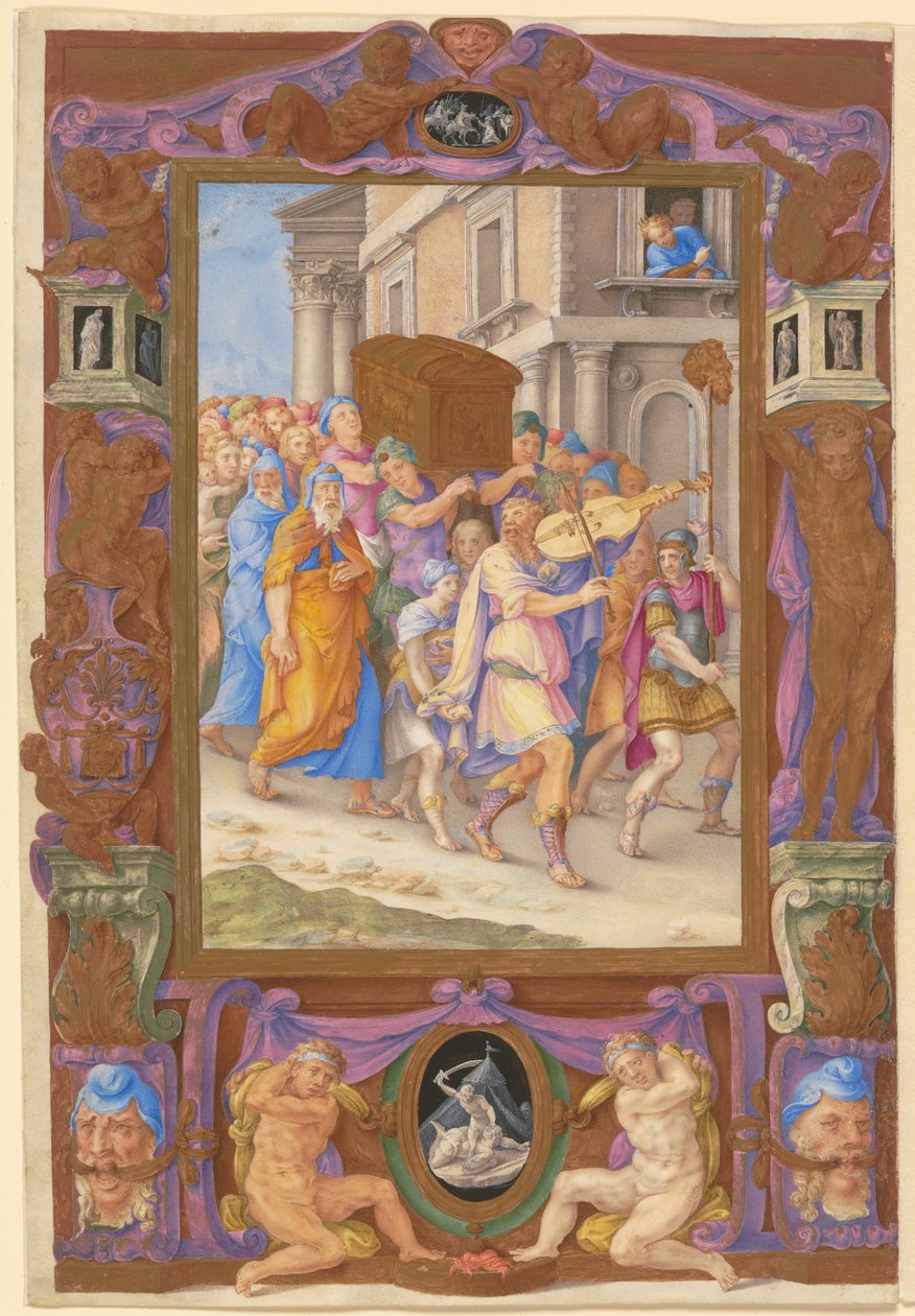 König David tanzt vor der Bundeslade, in einem dekorativen Rahmen, ca. 1540 von Giorgio Giulio Clovio