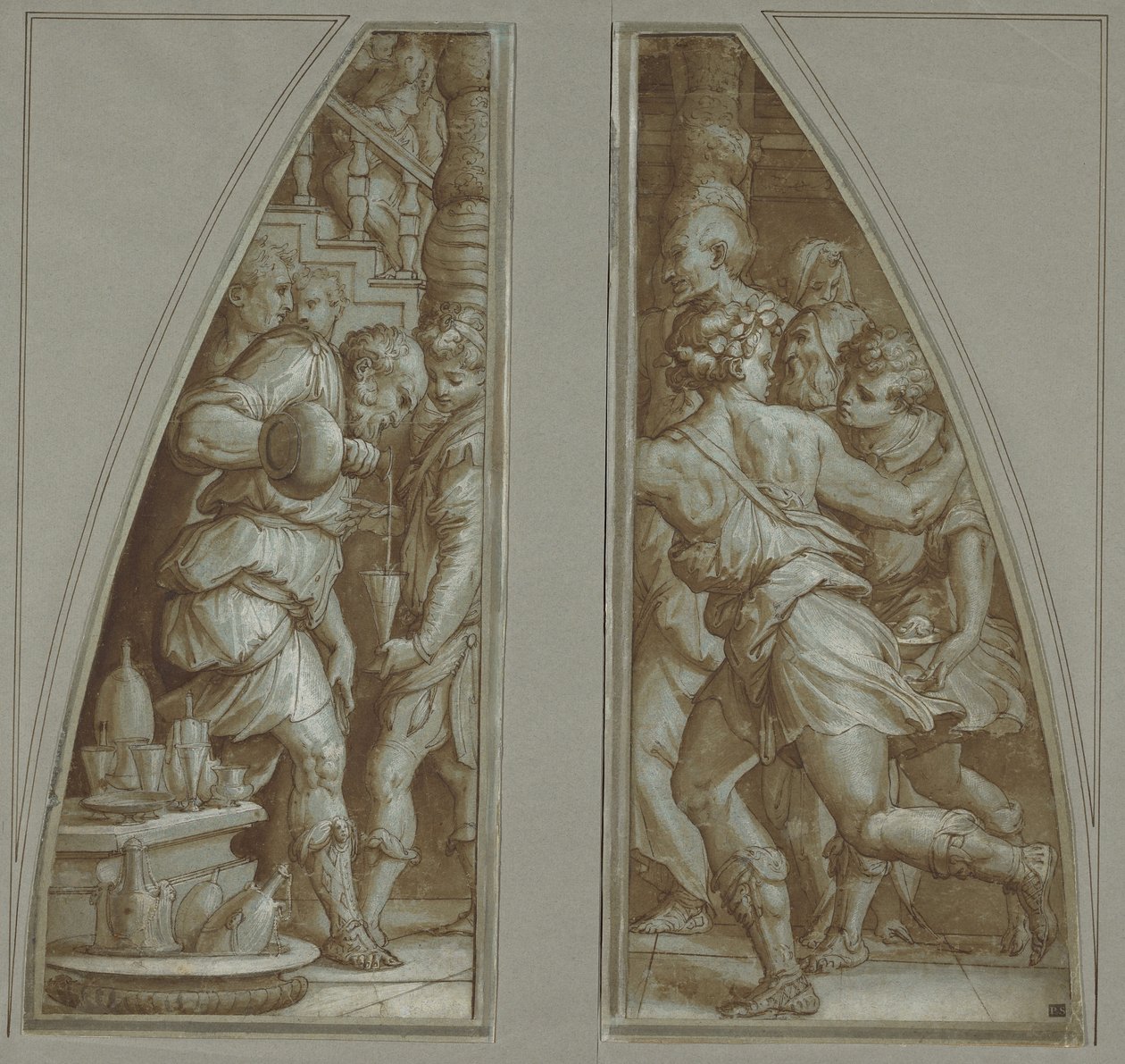 "Bärtiger Mann, der ein Glas füllt" und "Jugend, die rennt" von Giorgio Vasari