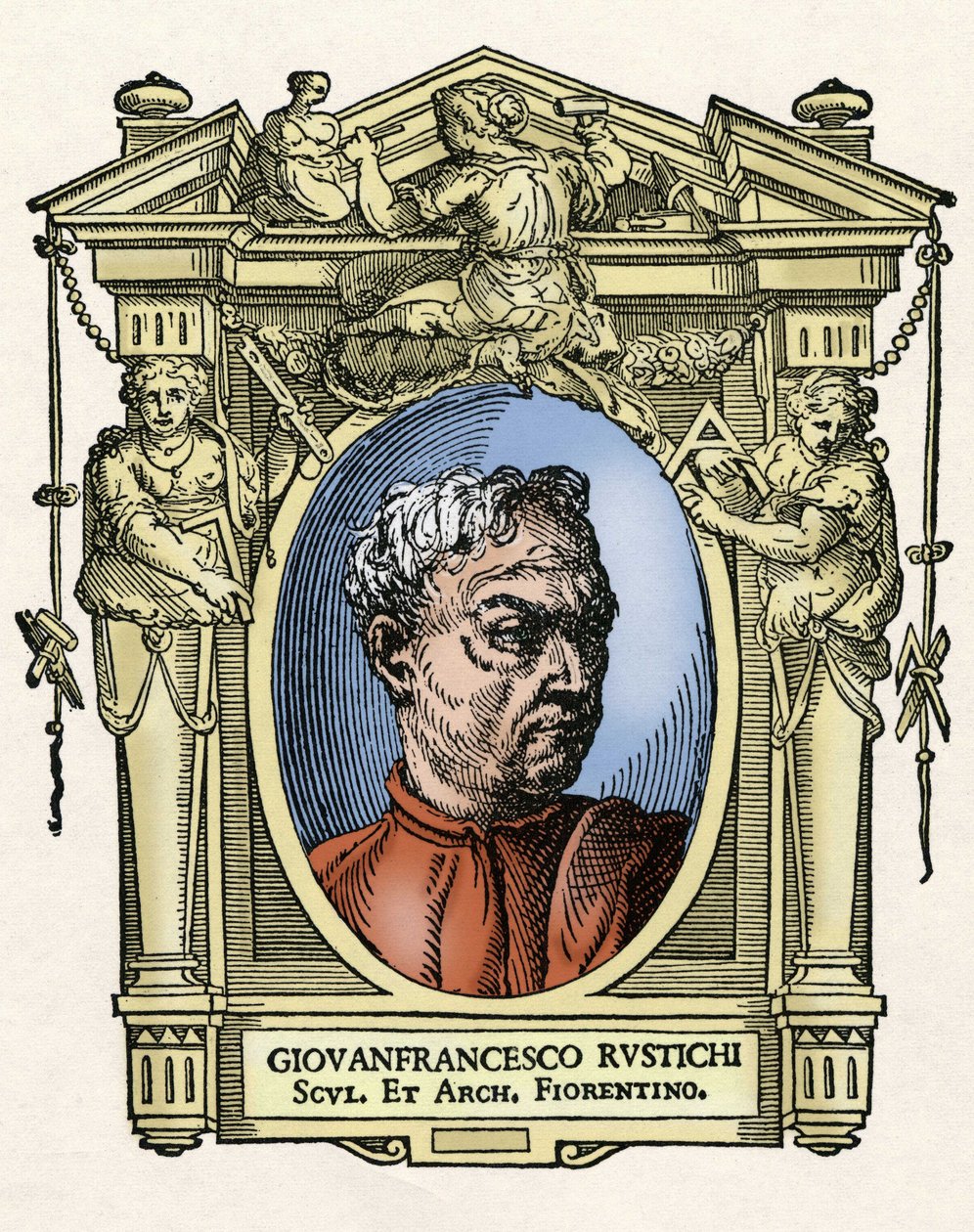 Porträt von Giovan Francesco Rustici, italienischer Bildhauer und Architekt. Gravur aus dem Werk Leben der ausgezeichnetsten Maler, Bildhauer und Architekten von Giorgio Vasari von Giorgio Vasari