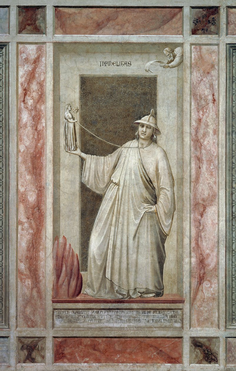 Untreue (auch Götzendienst genannt), männliche Figur, die sich von Gott abwendet und ein Idol hält, das ihn am Hals bindet, von Giotto, Detail aus dem Freskenzyklus Die Laster und Tugenden, nach der Restaurierung, Scrovegni-Kapelle, Padua, Venetien, Italie von Giotto (c.1266 1337)
