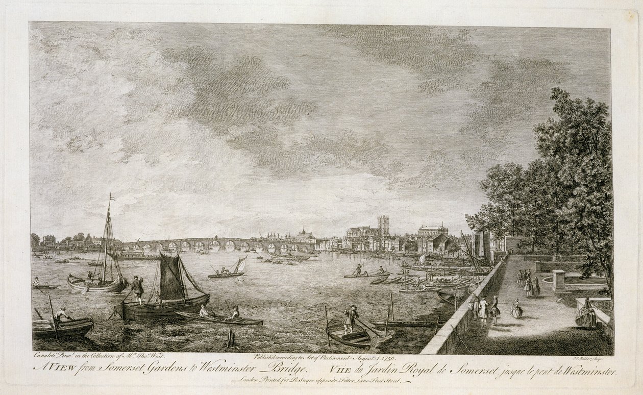 Ein Blick von Somerset Gardens zur Westminster Bridge, graviert von Johann Sebastian Mueller (um 1715-92) 1750 von Giovanni Antonio Canal