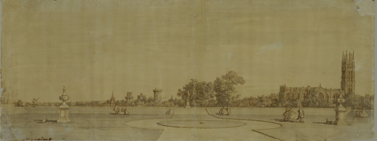 Warwick: Die Stadt und das Schloss vom Priory Gardens (Feder und braune Tinte über Graphit) von Giovanni Antonio Canal