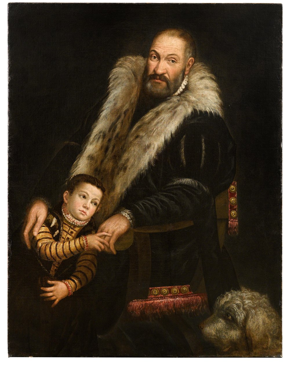 Porträt eines Gentlemans und eines Kindes mit einem Hund von Giovanni Antonio Fasolo