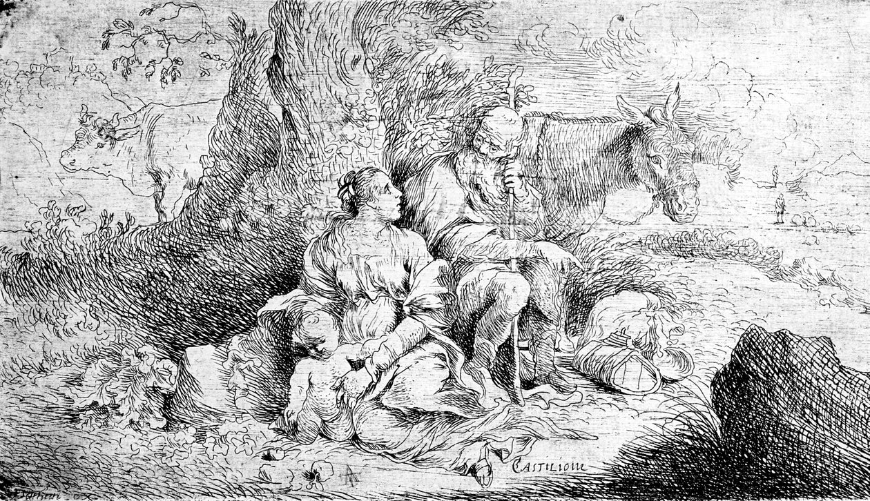 Die Rast auf der Flucht nach Ägypten, radiert von Antonio Travi von Giovanni Benedetto Castiglione