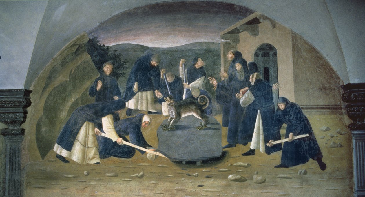 St. Benedikt hebt den gefallenen Felsen, Detail aus dem Freskenzyklus des Lebens von St. Benedikt aus dem Chiostro degli Aranci (Orangenkloster) ca. 1430er Jahre von Giovanni di Consalvo
