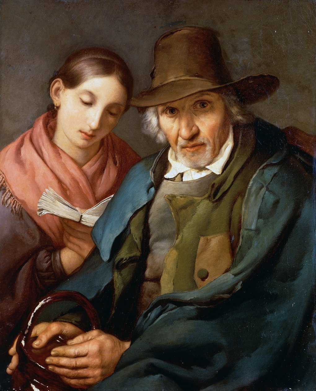 Figur eines älteren Mannes, der mit einem jungen Bürger ein Buch liest, von Giovanni Carnovali genannt Piccio (1804-1873), Öl auf Leinwand, 72x59 cm von Giovanni Carnovali