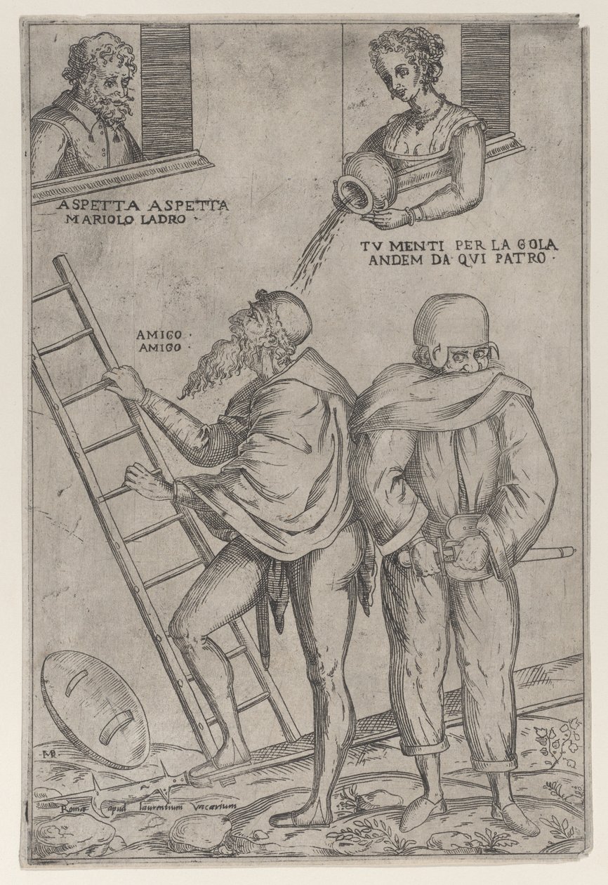 Ein Mann klettert eine Leiter hinauf, während eine Frau Wasser von oben auf ihn gießt, 1575-99 von Giovanni Ambrogio Brambilla