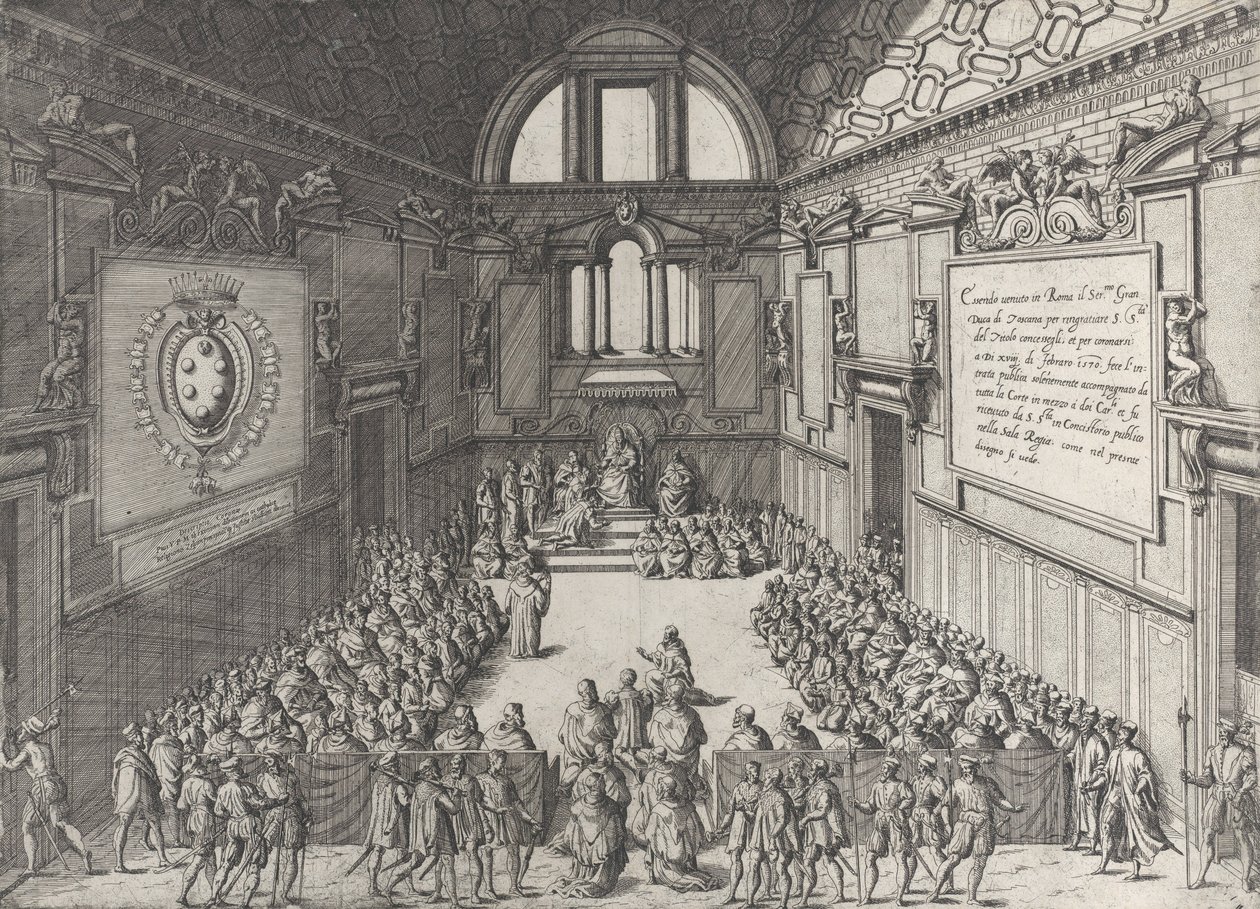 Audienz von Papst Pius V. für Cosimo I., Herzog der Toskana, 1575-99 von Giovanni Ambrogio Brambilla