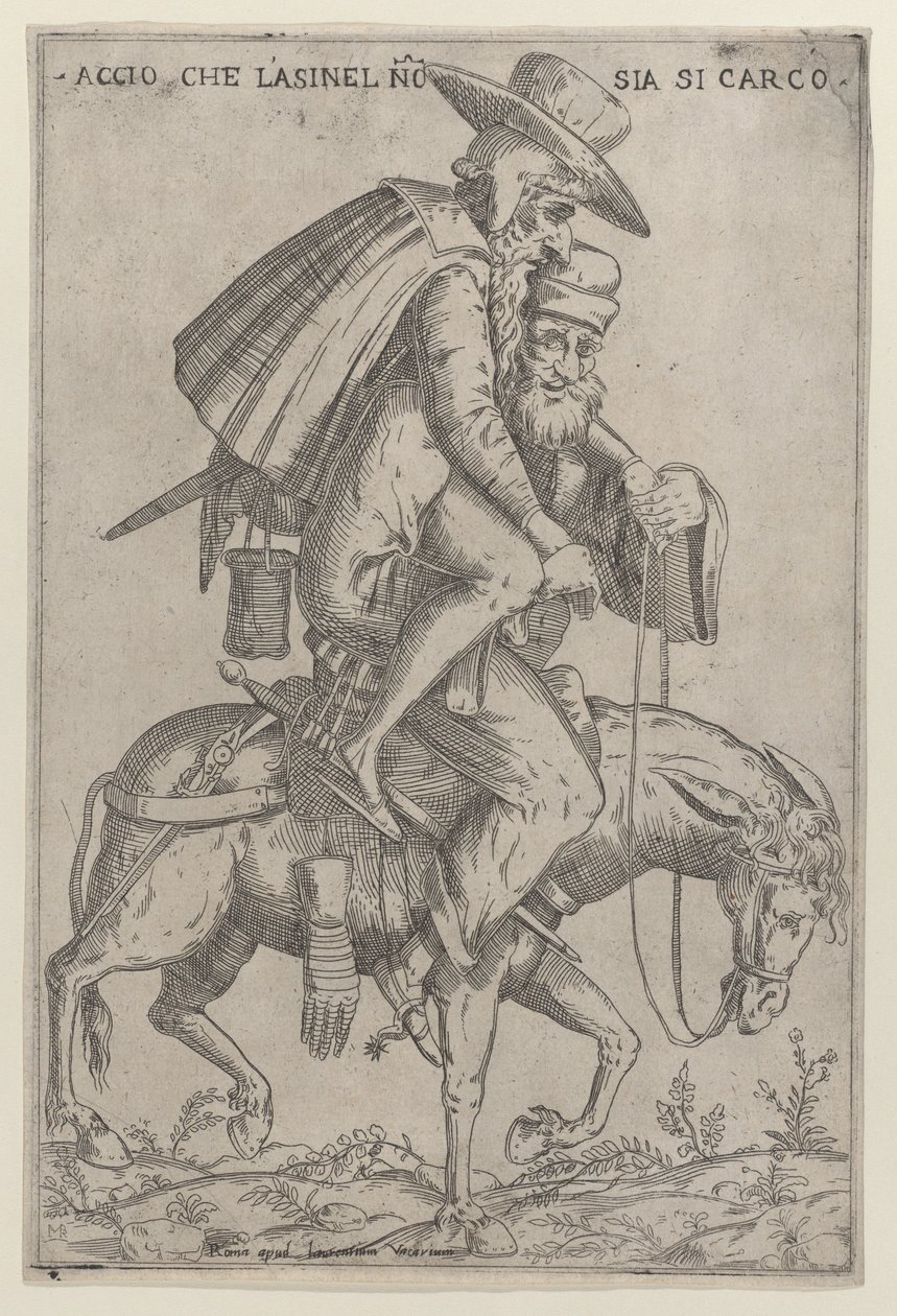 Karikatur mit zwei Männern auf einem Maultier von Giovanni Ambrogio Brambilla