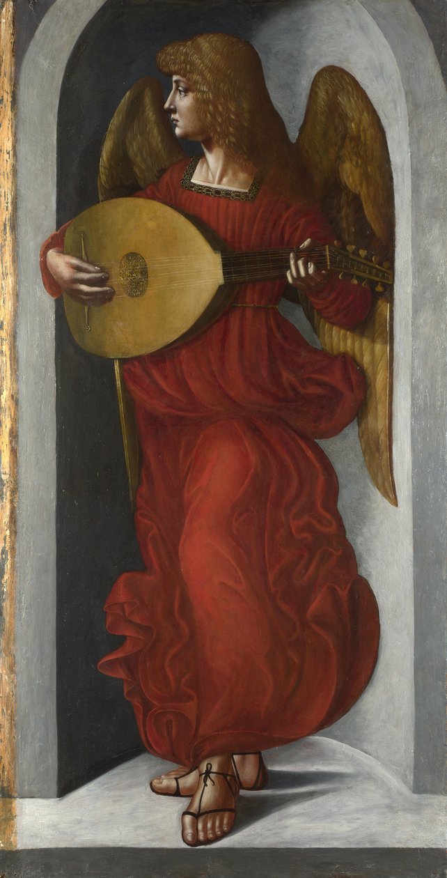 Ein Engel in Rot mit einer Laute, um 1490-1499 von Giovanni Ambrogio de Predis